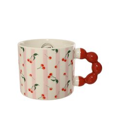  White porcelain mug with red cherry pattern, red bow-shaped handle, ceramic cup