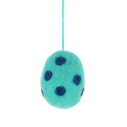 Felt pendant ornament in the shape of an egg with blue polka dots, suitable for Easter decoration.