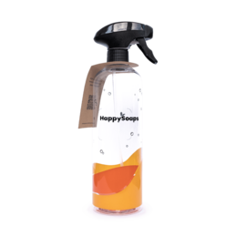  Recycled plastic cleaning bottle with spray nozzle. Transparent bottle with orange liquid. Suitable for water, cleaning solutions, or other household liquids.
