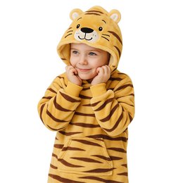  Oversized yellow tiger-themed hoodie for kids, featuring a tiger face design with ears and a cozy, soft material. Ideal for casual wear and playtime.