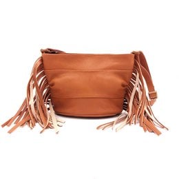 Tan leather shoulder bag with fringe detailing, suitable for casual or boho-chic style.