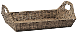 Rectangular woven wicker serving tray with handles, suitable for use as a dish rack or decorative display.