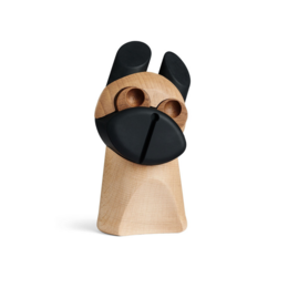 Wooden dog figure with walnut, brass, or stainless steel eyes. Decorative statue with a unique, modern design.