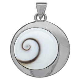 A round, silver-toned pendant with a white and brown spiral design, suitable for a pendant or necklace.