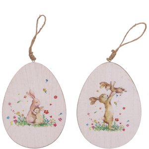 Houten eierrongo om op te hangen, 2 motieven, L13cm, H17,5cm, wit