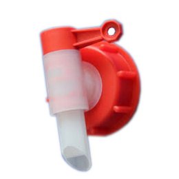 Red plastic cleaning agent dispenser with white nozzle. Compact, portable design for easy use.