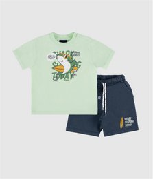  Light green short sleeve kids sweater set with shark surfing graphic print and navy shorts