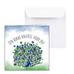 A greeting card featuring a large, colorful peacock surrounded by a vibrant array of flowers and foliage. The card's message reads "You make me happy too" in a whimsical font.