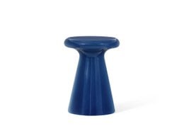 Midnight blue, round, side table with a tall, tapered shape.