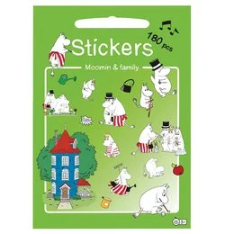 Colorful Moomin family stickers featuring various Moomin characters and symbols. Suitable for party decorations, scrapbooking, or other craft projects.