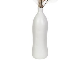 A tall, cylindrical white ceramic vase with a minimalist design.