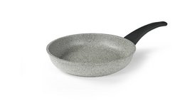 A large, round, gray frying pan with a black handle. The pan appears to be made of a durable, non-stick material suitable for induction cooking.