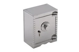 A small, rectangular metal safe box with a dial lock and a silver finish. The safe box appears to be designed for storing small valuables or money.