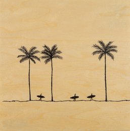 Poster featuring black silhouettes of palm trees against a beige background, with a simple design of surfers on the horizon.