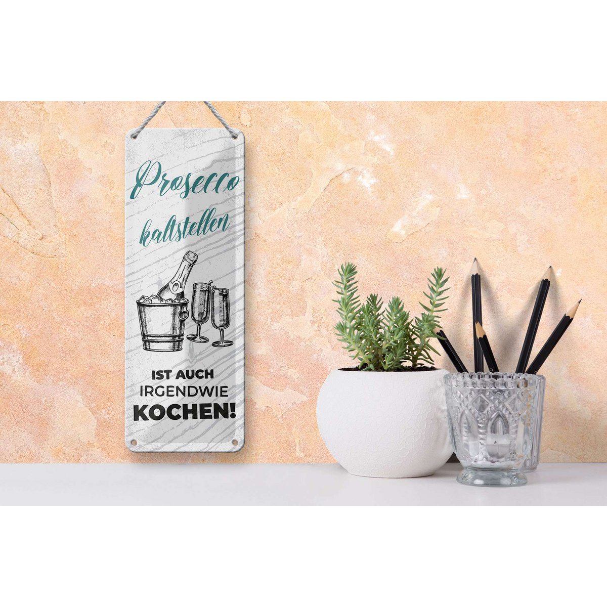 Blechschild Spruch 27x10 cm Prosecco kalt stellen ist auch Kochen Deko Schild