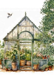 A charming greenhouse with a glass roof and walls, surrounded by lush greenery and potted plants. The greenhouse has an inviting and cozy atmosphere, perfect for growing a variety of plants.