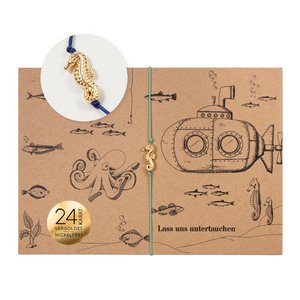 Bracelet on card - seahorse gold - submersion - 24K gold-plated pendant - macrame - DIN A6 recycled card - maritime collection