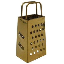 A gold-colored metal grater with a perforated surface and a sturdy handle, suitable for grating various food items.