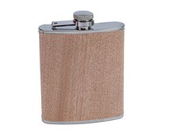 Metal hip flask with wood-look finish, 200ml capacity.