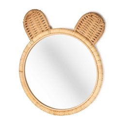 Bamboo mirror with cute bear ears, perfect for kids' rooms. Features a round shape and natural woven material.