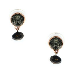 Rose gold hoop earrings with round green gems and black drop pendants.