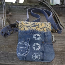 Sunsa kleine Nachhaltige Umhängetasche.  Damen Schultertasche aus recycelte Jeans & Canvas ( Segeltuch). Handtasche Vintage retro Stil. Crossbody Tasche für Frauen.