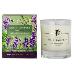 A tall, round, white candle with a lavender floral bouquet and a lavender-themed product box.

The product is a scented candle with an English lavender fragrance. The candle is tall and round in shape, with a white wax color. The candle is accompanied by a lavender-themed product box that features a lavender floral bouquet. This product would be suitable for a semantic search for "lavender candle" or "scented candle".
