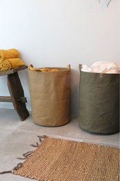 Washable paper storage basket in mud color, available in two sizes: 35 cm diameter x 45 cm height, and 35 cm diameter x 30 cm height.