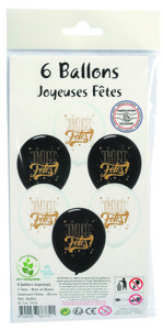 6 BALLONS 30CM schwarz-weiß MIT SCHRIFTEN JOYEUSES FETES