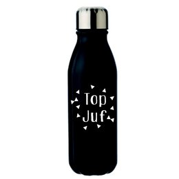 A black metal water bottle with a silver cap, featuring the text "Top Juf" and a pattern of stars.
