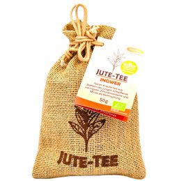Organic jute tea ginger jute bag containing dried green tea leaves with a natural, earthy appearance.