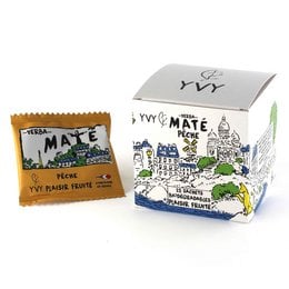 Organic peach-flavored mate tea in biodegradable tea bags, packaged in a colorful box with illustrations.
