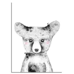 Black and white poster with a cute bear cub for children's room decor.
The image shows a black and white poster featuring a close-up portrait of a cute bear cub. The bear has large, expressive eyes and a soft, fluffy appearance. This poster would make an adorable addition to a children's room or nursery, adding a touch of nature-inspired decor.