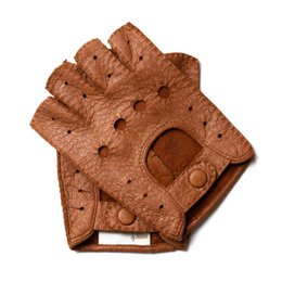 Black leather fingerless gloves with perforated star design.