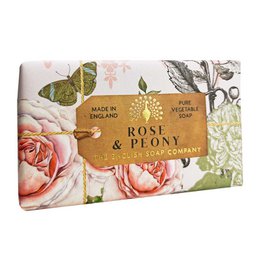 Rose and peony scented soap bar, made in England, with floral design on packaging.