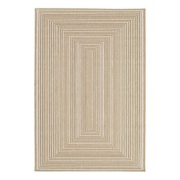  Large, rectangular beige area rug with a geometric pattern of concentric frames. The rug is suitable for a living room or dining area and complements the neutral color scheme of the space.