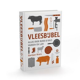 A cookbook titled "Meat Bible" by Gertjan Kiers, featuring a steak on the cover and images of various meat-related items.