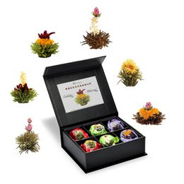 A mixed box of 6 tea blooms with magnetic closure, including white, black, and green tea varieties.