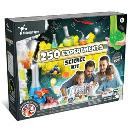 Science kit with 250 experiments in 6 languages, containing various scientific tools and equipment for educational purposes.