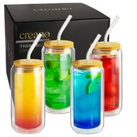 Creano Double -wandig drinkglas met deksel en stro 360 ml - smoothie mok - Bubble thee - cocktailglas - 4er set