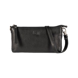  Black leather shoulder bag with removable strap, polished nickel accessories, and dimensions of 20 x 10.5 x 2 cm.