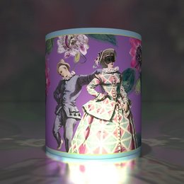 5 purple transparent tea light holders with passion flower designs, suitable for use as decorative lighting or candle holders.