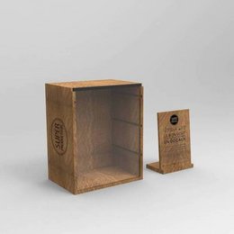 Wooden display box for bottle holders, featuring a rectangular wooden frame with a natural wood finish.
