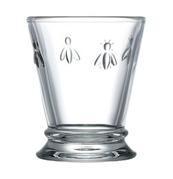 Set of 6 clear glass tumblers, 26 cl capacity, featuring a simple bee design.