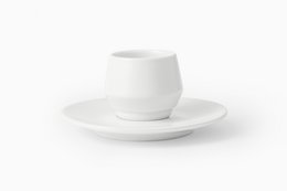 White double-walled cup and saucer set, 70 cc capacity, minimalist design.