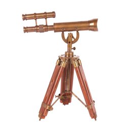  Brown brass telescope with tripod stand, vintage style, adjustable viewing scope, wooden legs