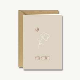 A sympathy card with a simple, minimalist design featuring a white flower and the text "veel sterkte" (Dutch for "much strength") in a light brown color.