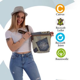 Sunsa Bæredygtig Skuldertaske til kvinder. Skuldertaske lavet af genbrugte jeans & canvas (canvas). Håndtaske i vintage retro stil. Crossbody taske til kvinder med maritimt motiv