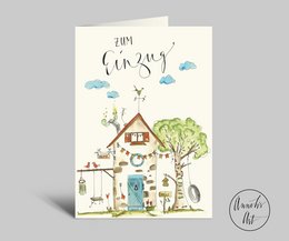 Colorful, detailed house illustration with folded card and envelope. Congratulations card with whimsical, nature-inspired design.