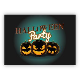 Halloween party invitation card with pumpkin jack-o'-lanterns in orange and black colors on a teal background.